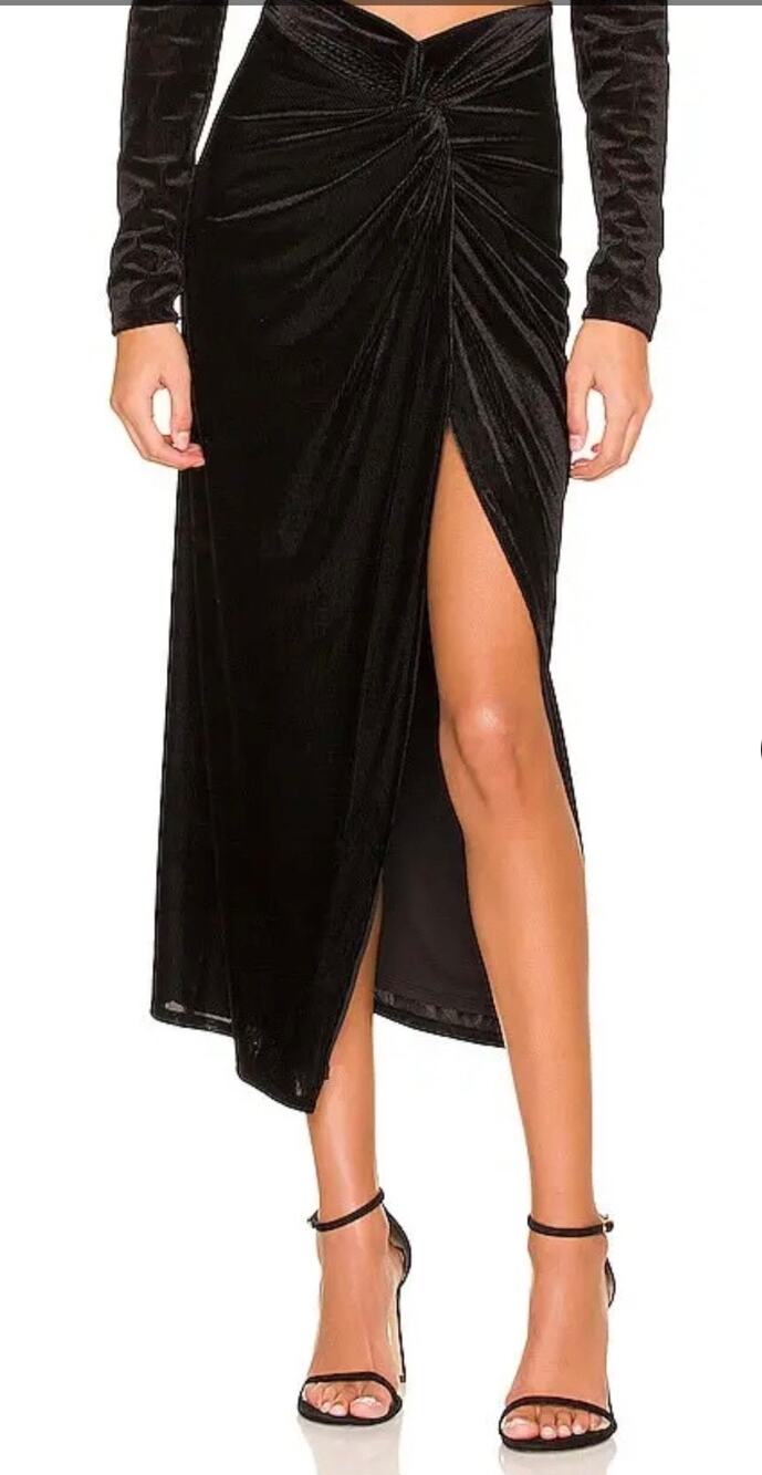 AFRM Revolve Delm black goth maxi skirt velvet pull on front twist lined maxi XL